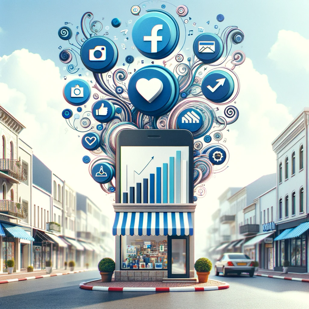 DALL·E 2024-01-22 17.00.30 - An image of a retail business on a street, with a swirl of likes, Instagram and Facebook icons, the symbol of the Israeli Shekel currency '₪', and ico
